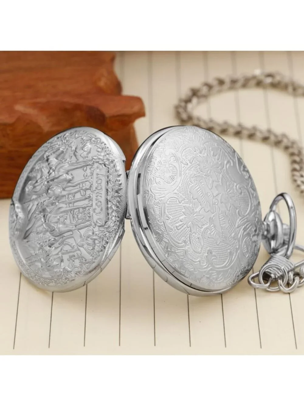 Men's Silver Analog Quartz Arabic Numerals Engraved Cowboy Vintage Pocket Watch